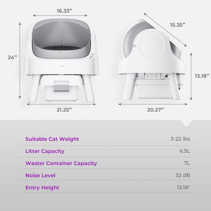 Self Cleaning Cat Litter Box, Safety Sensor and Open Top Design for Multiple Cats, Automatic Cat Litter Box with Liners and Mat Included, Grey