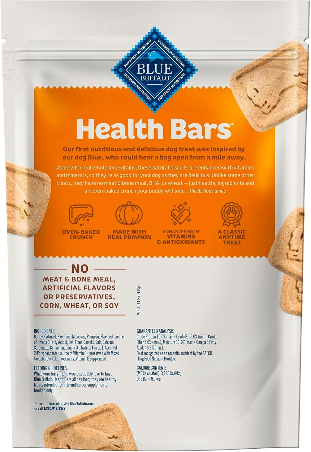 Health Bars Crunchy Dog Biscuits, Oven-Baked with Natural Ingredients, Pumpkin & Cinnamon, 16-Oz Bag