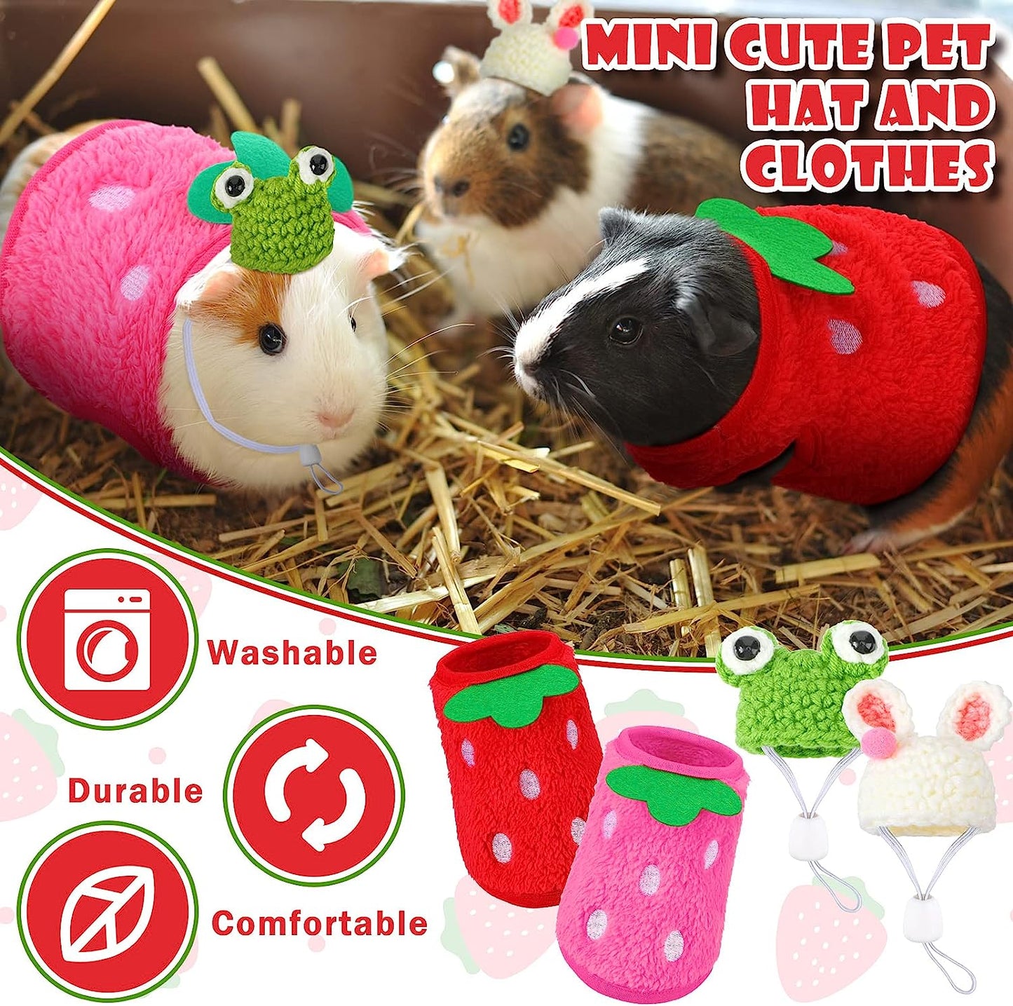 4 Pieces Guinea Pig Stuff Includes 2 Guinea Pig Clothes and 2 Cute Mini Hats with Adjustable Strap Small Animal Warm Vest Cozy Hand Knitted Hat for Hamster Bunny(Frog Style)