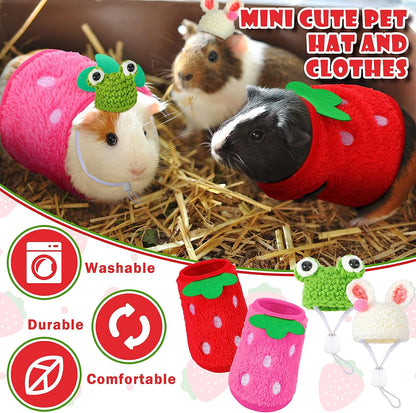 4 Pieces Guinea Pig Stuff Includes 2 Guinea Pig Clothes and 2 Cute Mini Hats with Adjustable Strap Small Animal Warm Vest Cozy Hand Knitted Hat for Hamster Bunny(Frog Style)