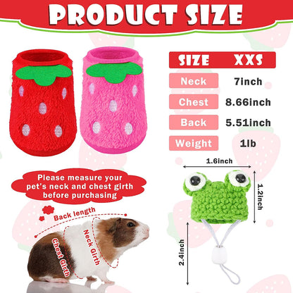4 Pieces Guinea Pig Stuff Includes 2 Guinea Pig Clothes and 2 Cute Mini Hats with Adjustable Strap Small Animal Warm Vest Cozy Hand Knitted Hat for Hamster Bunny(Frog Style)