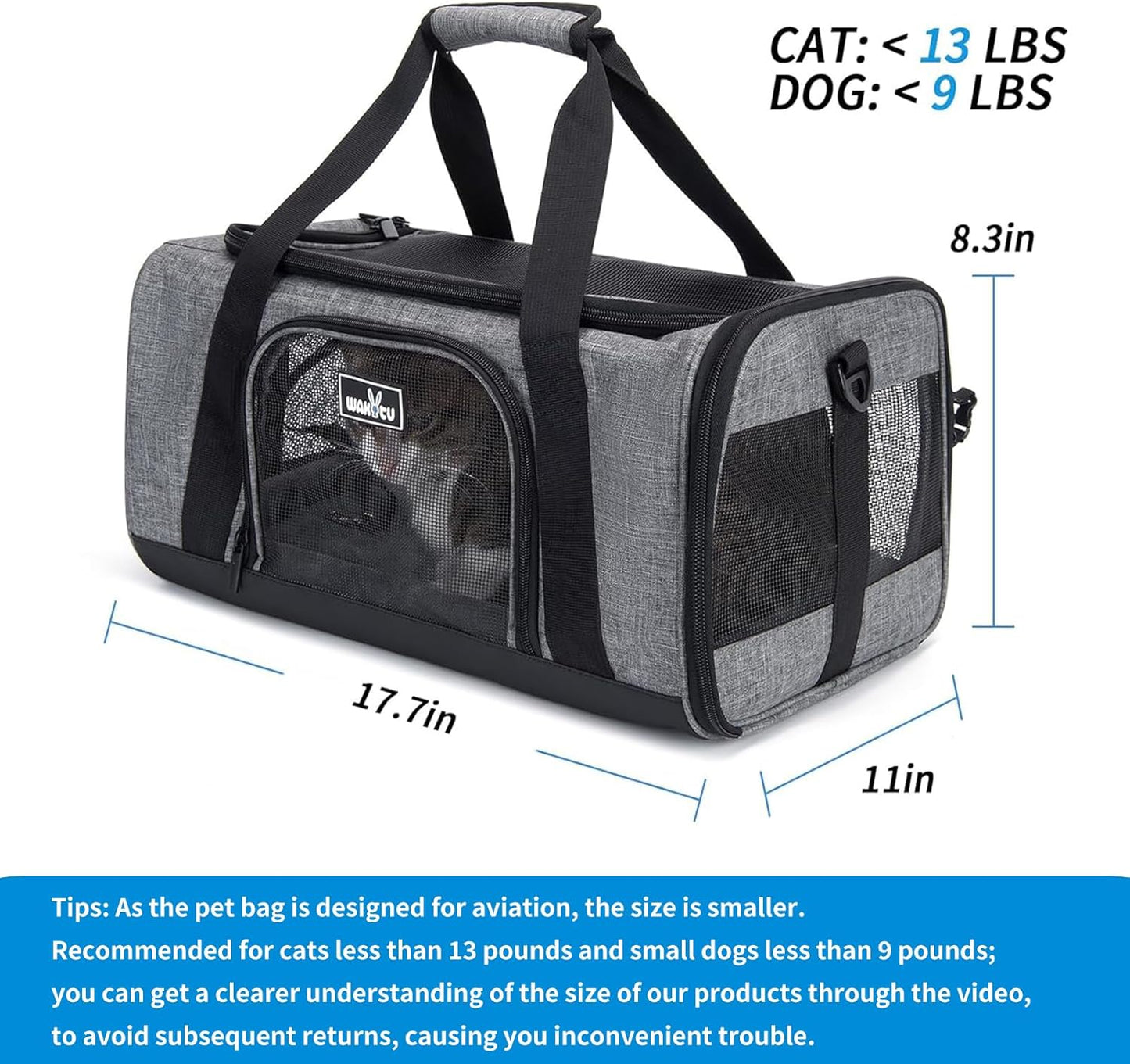  Pet Carrier for Small Cats Dogs, Travel Bag with Adequate Ventilation, 5 Mesh Windows, 3 Entrance, Locking Safety Zippers, Padded Shoulder and Carrying Strap, Small