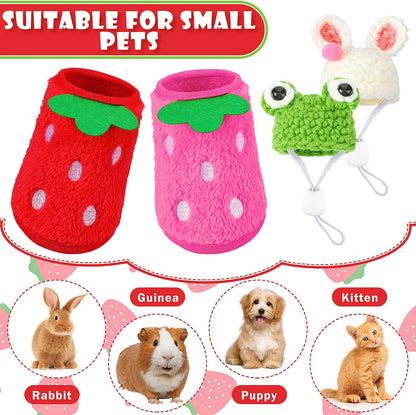 4 Pieces Guinea Pig Stuff Includes 2 Guinea Pig Clothes and 2 Cute Mini Hats with Adjustable Strap Small Animal Warm Vest Cozy Hand Knitted Hat for Hamster Bunny(Frog Style)