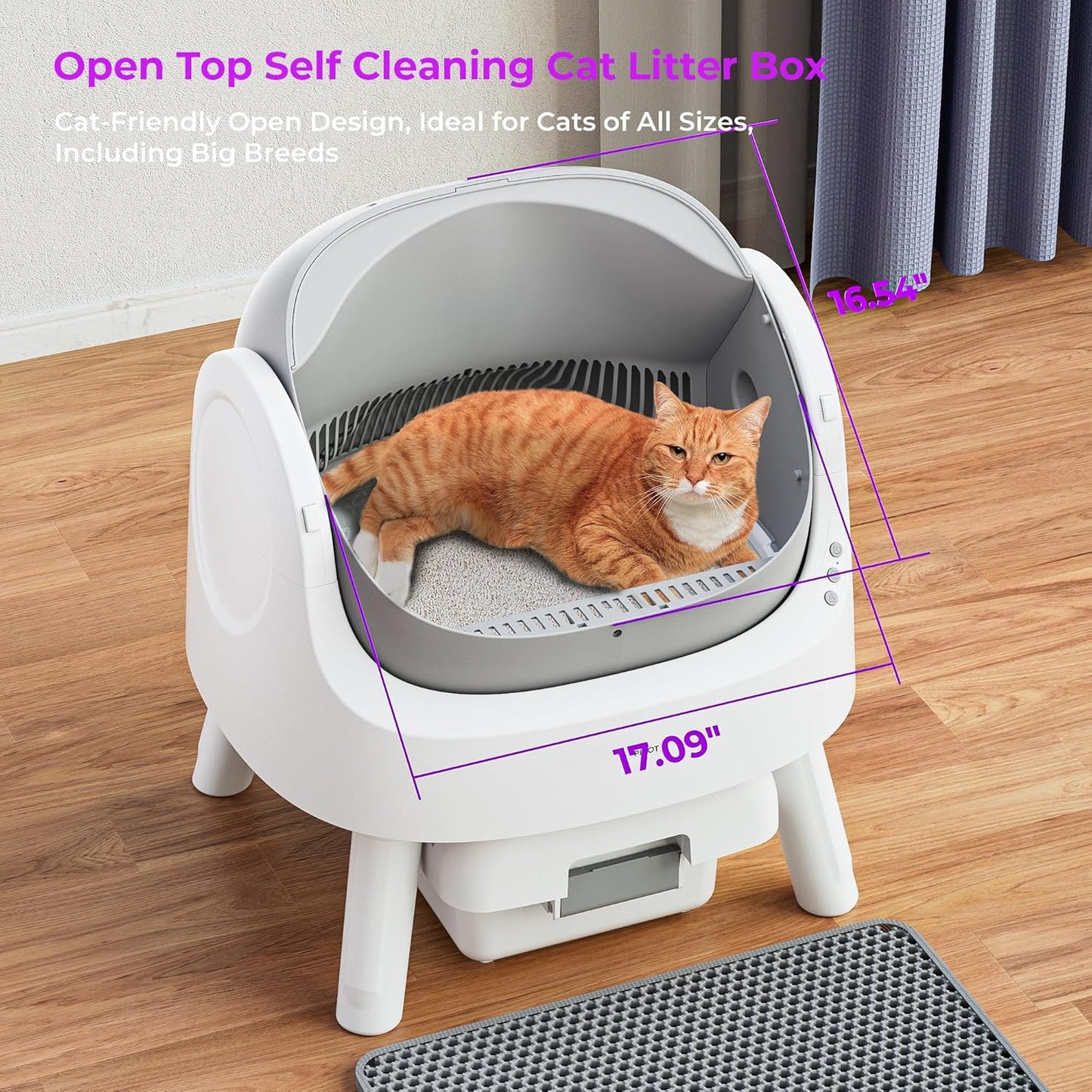 Self Cleaning Cat Litter Box, Safety Sensor and Open Top Design for Multiple Cats, Automatic Cat Litter Box with Liners and Mat Included, Grey