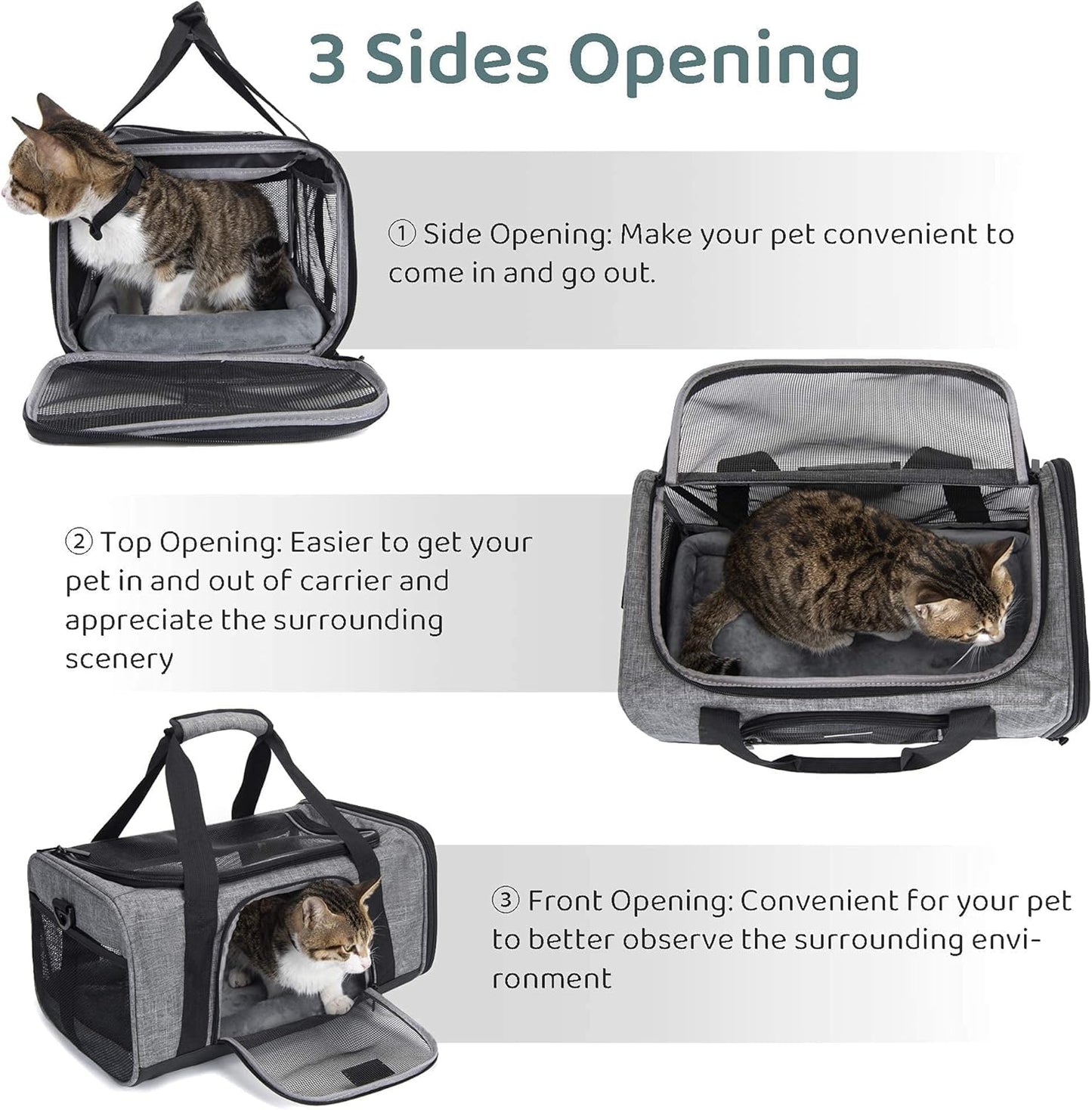  Pet Carrier for Small Cats Dogs, Travel Bag with Adequate Ventilation, 5 Mesh Windows, 3 Entrance, Locking Safety Zippers, Padded Shoulder and Carrying Strap, Small