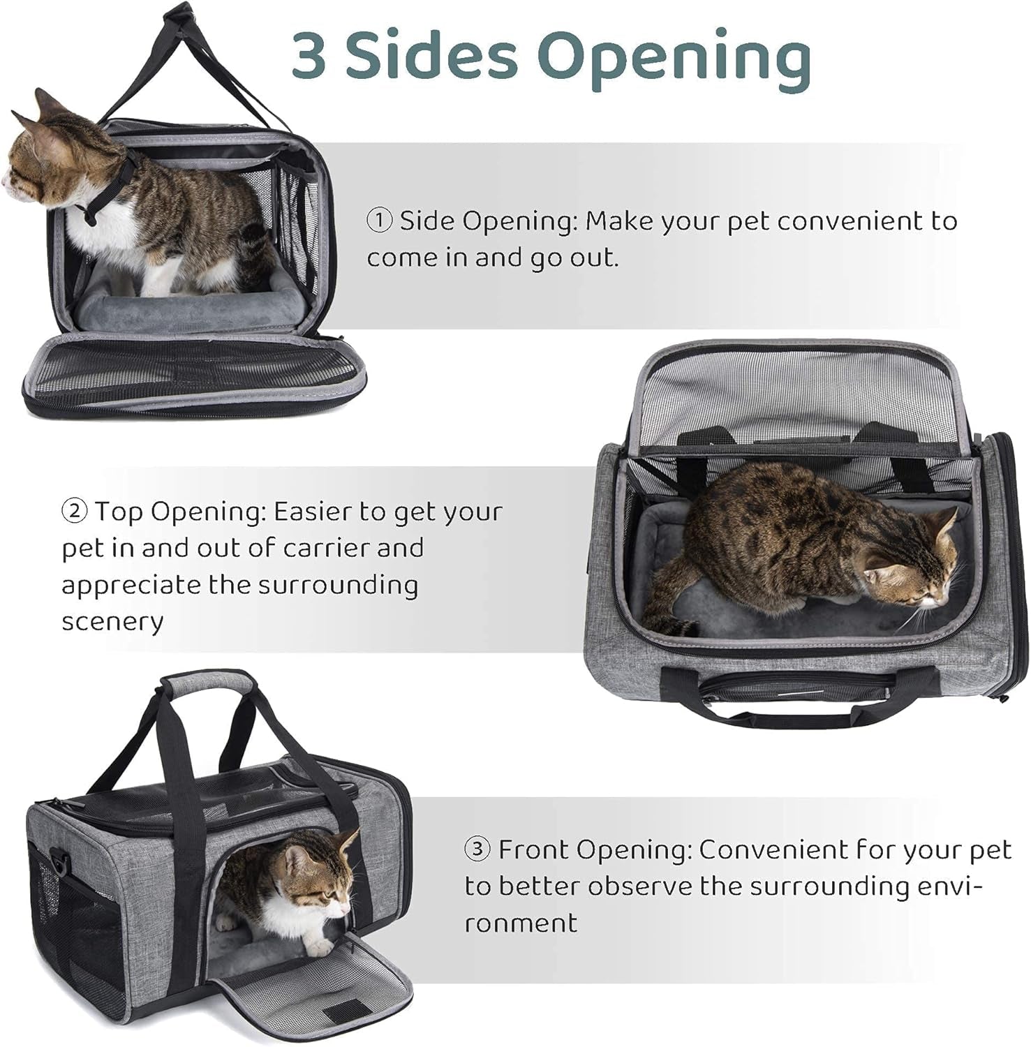  Pet Carrier for Small Cats Dogs, Travel Bag with Adequate Ventilation, 5 Mesh Windows, 3 Entrance, Locking Safety Zippers, Padded Shoulder and Carrying Strap, Small