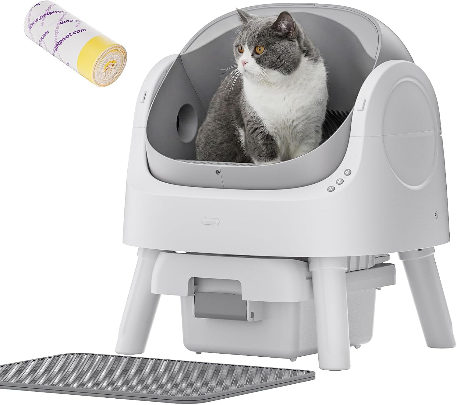 Self Cleaning Cat Litter Box, Safety Sensor and Open Top Design for Multiple Cats, Automatic Cat Litter Box with Liners and Mat Included, Grey