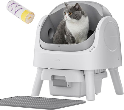 Self Cleaning Cat Litter Box, Safety Sensor and Open Top Design for Multiple Cats, Automatic Cat Litter Box with Liners and Mat Included, Grey