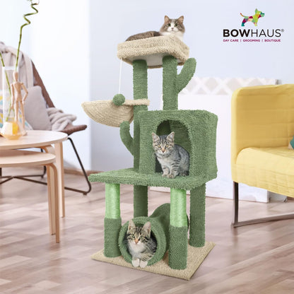 Cactus Cat Tower for Indoor Cats, Cute 40-Inch Small Cactus Cat Tree W/Widened Perch for Large Cats & Kittens, Multi-Level Cat Activity Tree W/Scratching Post, Tunnel, Basket