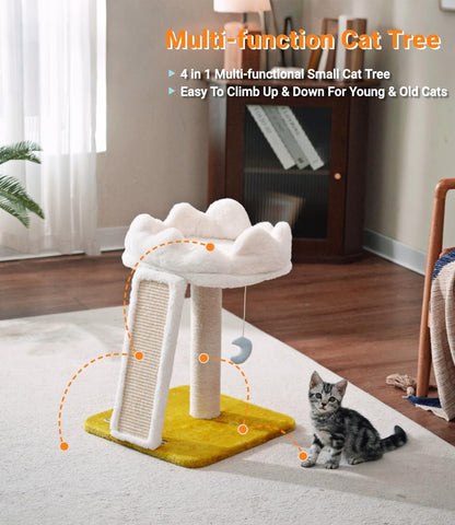 New Cloud Cat Tree Tower, Cat Scratching Post with Bed, Small Cat Tree, Compact Cat Tower with Scratching Pad & Cloud Soft Perch & Cute Toys, Extra Toy, Bonus Catnip