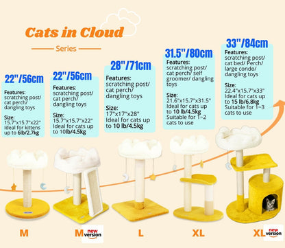 New Cloud Cat Tree Tower, Cat Scratching Post with Bed, Small Cat Tree, Compact Cat Tower with Scratching Pad & Cloud Soft Perch & Cute Toys, Extra Toy, Bonus Catnip