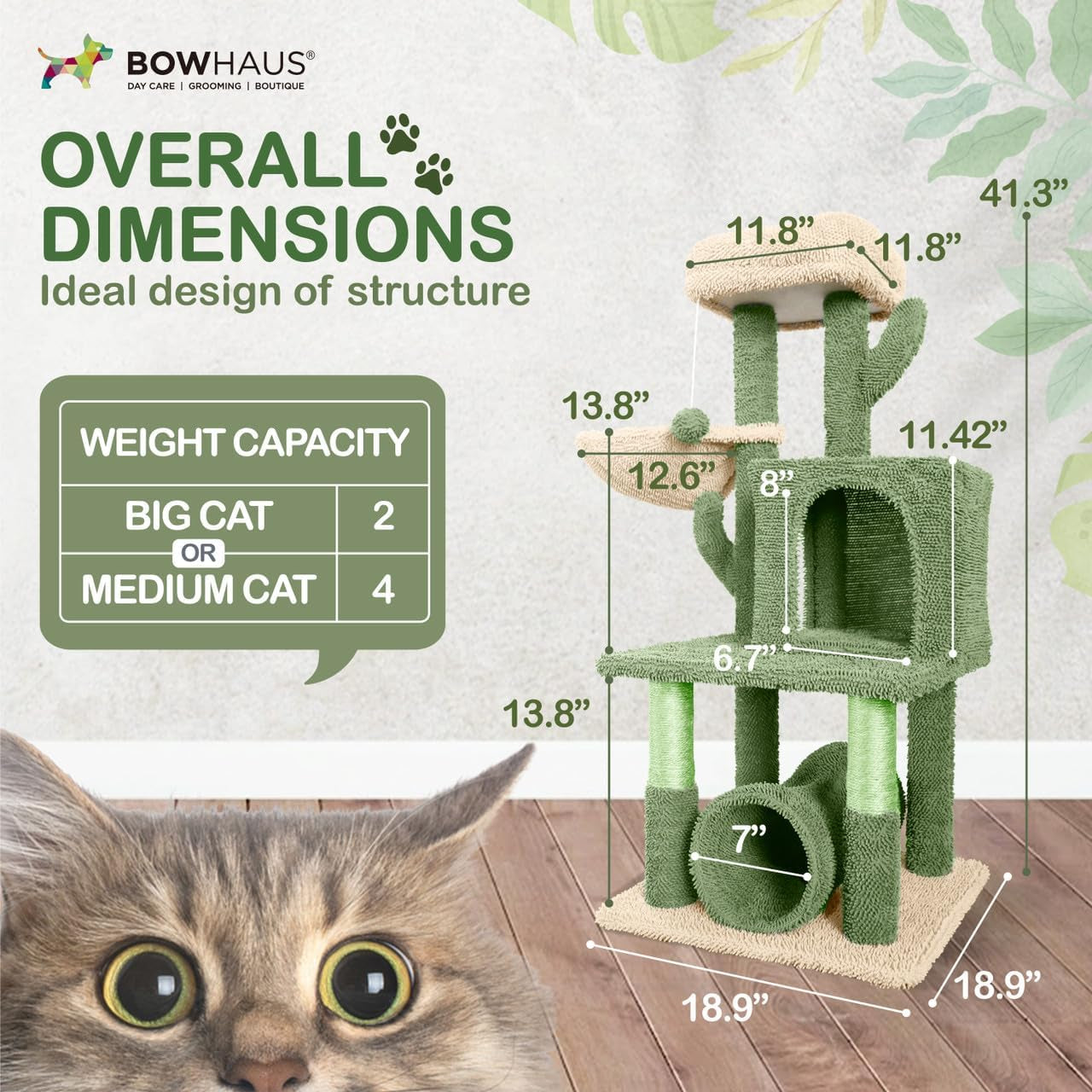 Cactus Cat Tower for Indoor Cats, Cute 40-Inch Small Cactus Cat Tree W/Widened Perch for Large Cats & Kittens, Multi-Level Cat Activity Tree W/Scratching Post, Tunnel, Basket