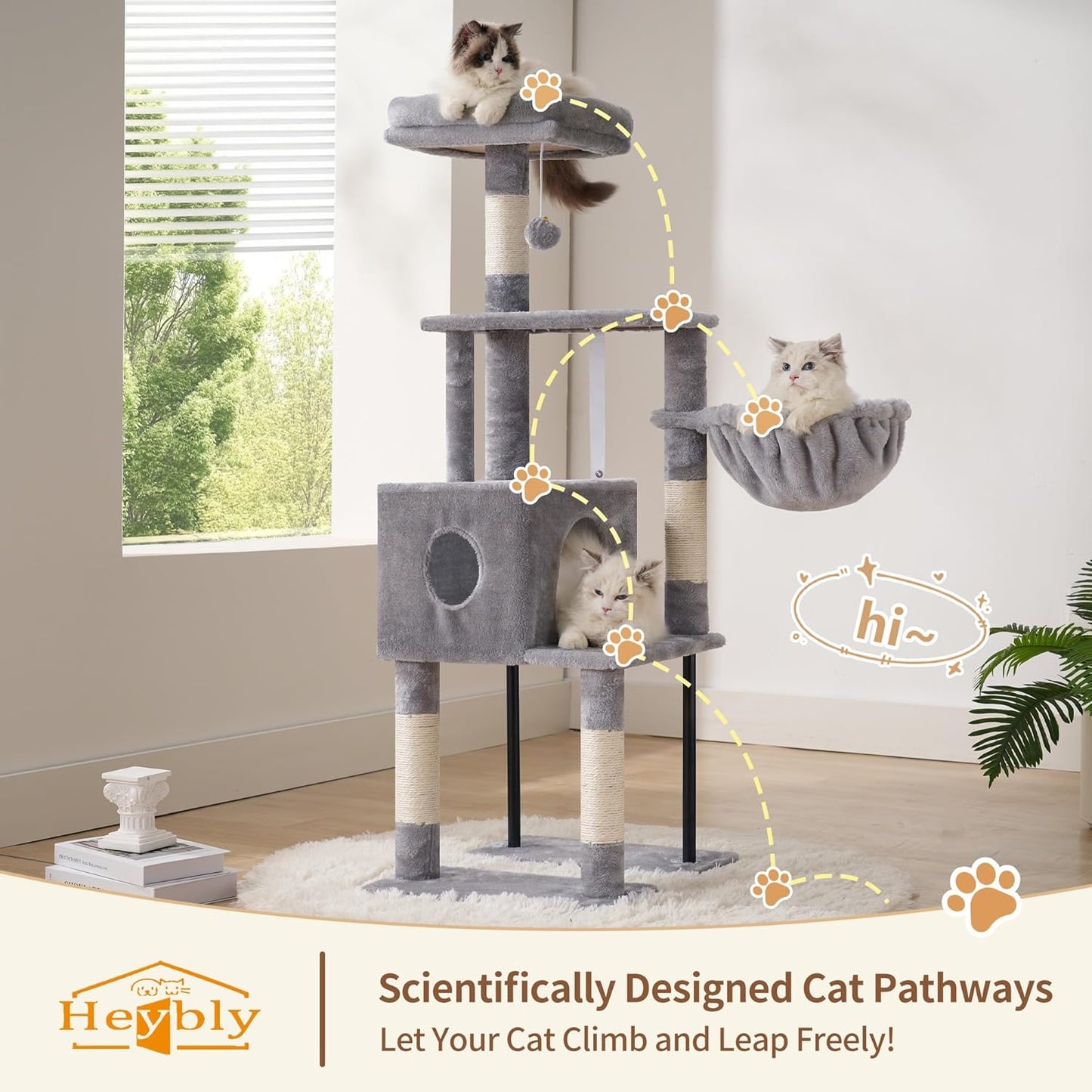 Cat Tree, 49.2 Inches Cat Tower for Indoor Cats, Spacious Cat House Condo with Hidden Space，Sturdy Steel Tube，Soft Plush Top Perch，Cozy Hammock and Sisal Scratching Posts