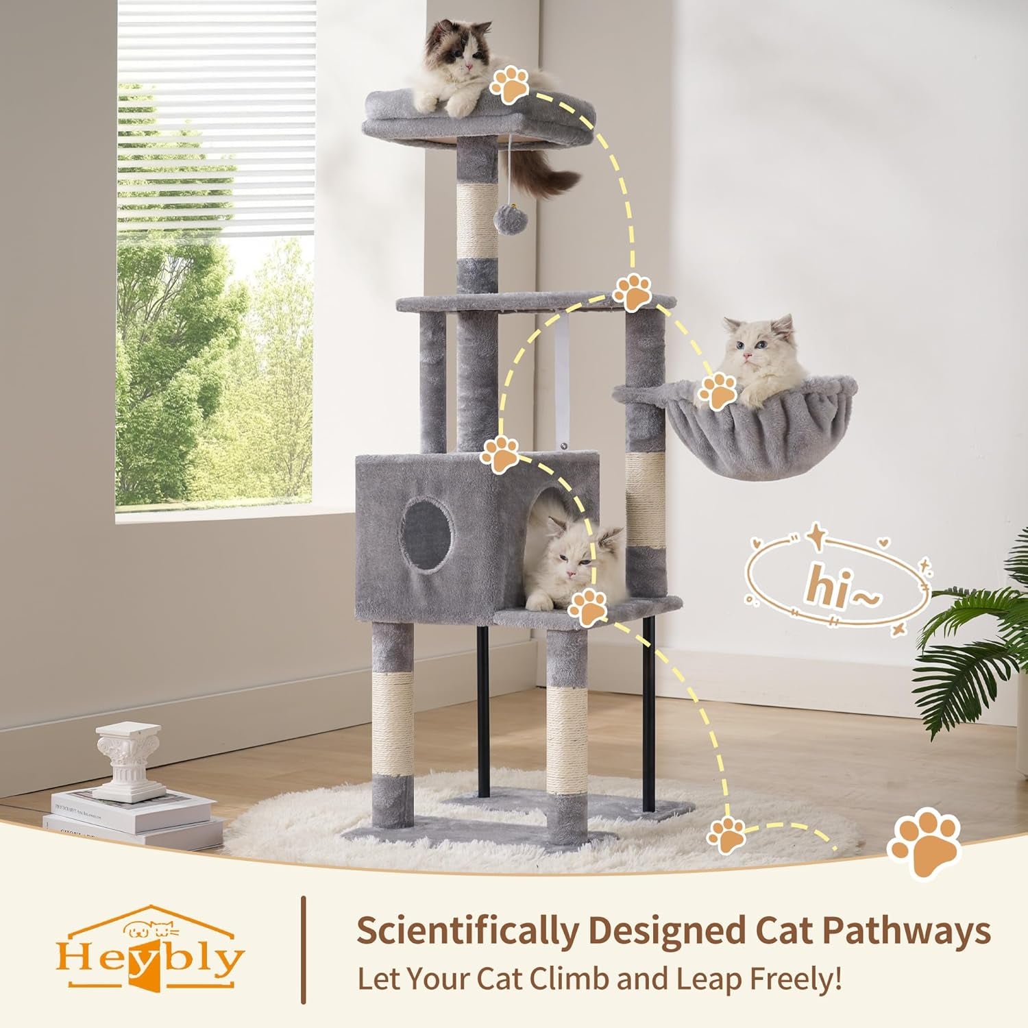 Cat Tree, 49.2 Inches Cat Tower for Indoor Cats, Spacious Cat House Condo with Hidden Space，Sturdy Steel Tube，Soft Plush Top Perch，Cozy Hammock and Sisal Scratching Posts