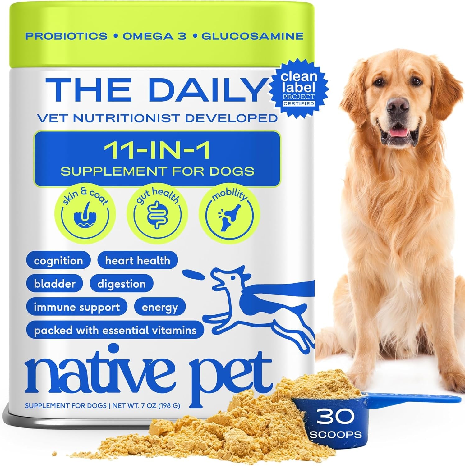 Dog Vitamins & Supplements - 11-In-1 Multivitamin Powder for Dogs Food Topper - Collagen, Glucosamine, Probiotics, Omega & More- Supports Healthy Gut, Mobility & Overall Health -30 Scoops