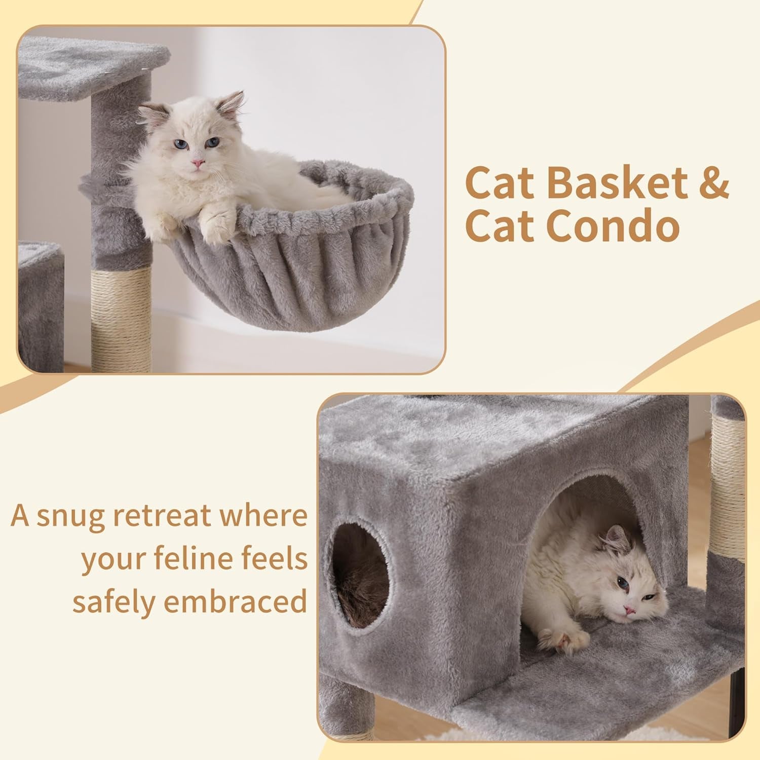 Cat Tree, 49.2 Inches Cat Tower for Indoor Cats, Spacious Cat House Condo with Hidden Space，Sturdy Steel Tube，Soft Plush Top Perch，Cozy Hammock and Sisal Scratching Posts