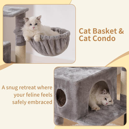 Cat Tree, 49.2 Inches Cat Tower for Indoor Cats, Spacious Cat House Condo with Hidden Space，Sturdy Steel Tube，Soft Plush Top Perch，Cozy Hammock and Sisal Scratching Posts