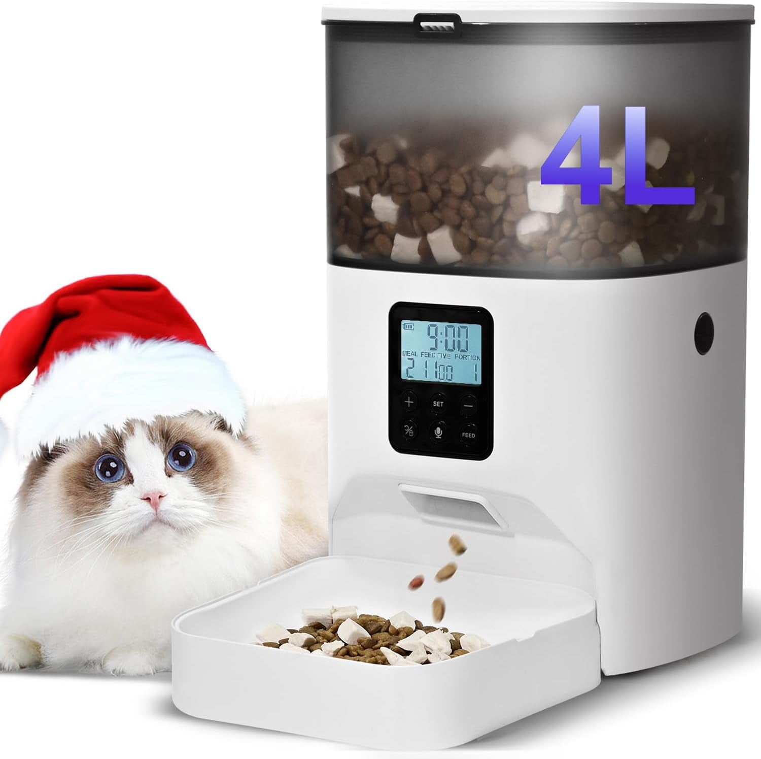 Automatic Cat Feeder, 4L Cat Food Dispenser with 10S Voice Recorder, Pet Feeder up to 8 Meals per Day, Timed Dog Feeder with Dry Food Sealed Ring (White, 4L-Basic)