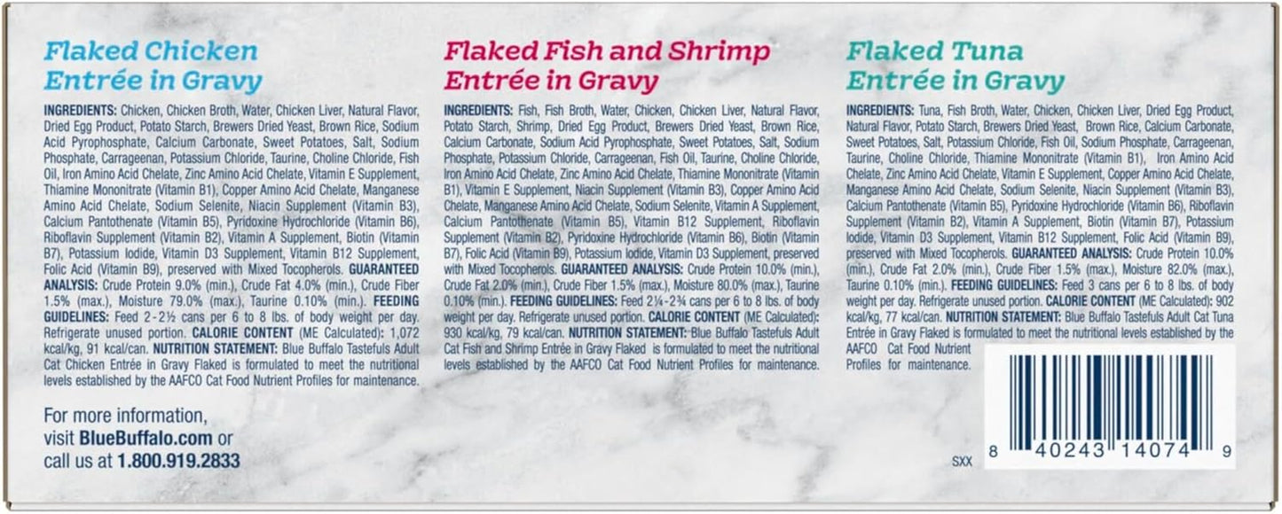 Tastefuls Flaked Wet Cat Food Variety Pack, Made with Natural Ingredients, Tuna, Chicken, Fish & Shrimp, 3-Oz Cans (12 Count, 4 of Each)