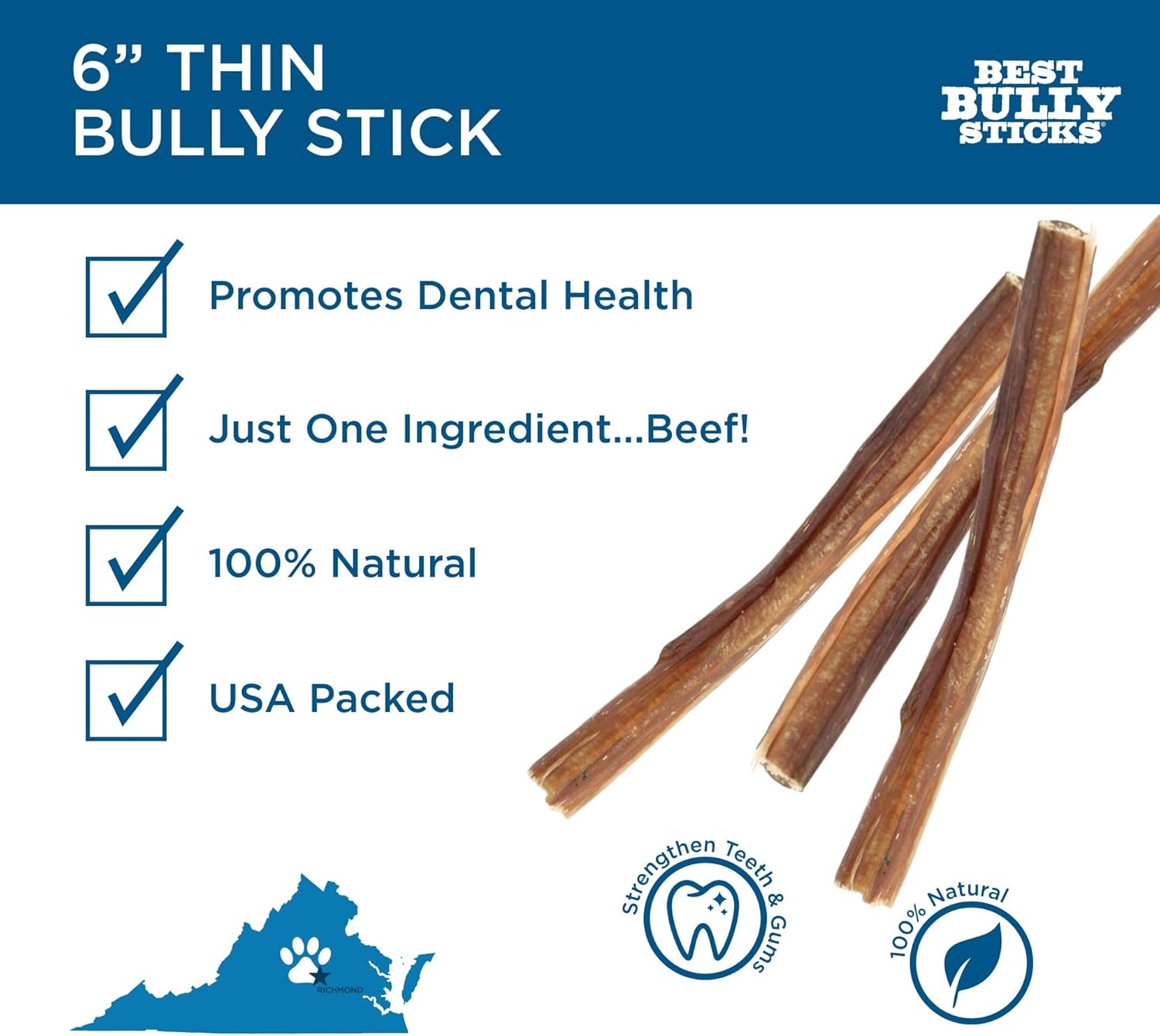 6 Inch Thin Bully Sticks - 24 Count (Pack of 1) - Natural, Easily Digestible, 100% Grass-Fed, Grain and Rawhide Free